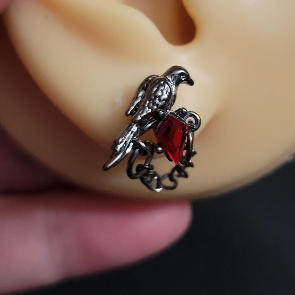 Gothic raven gunmetal silver/black post earrings with chain and red crystal